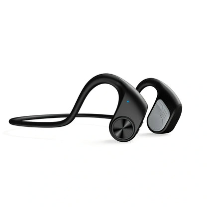 Black bone conduction wireless headphones mounted on head, showing transducers and controls for sports use, 30.8g lightweight design