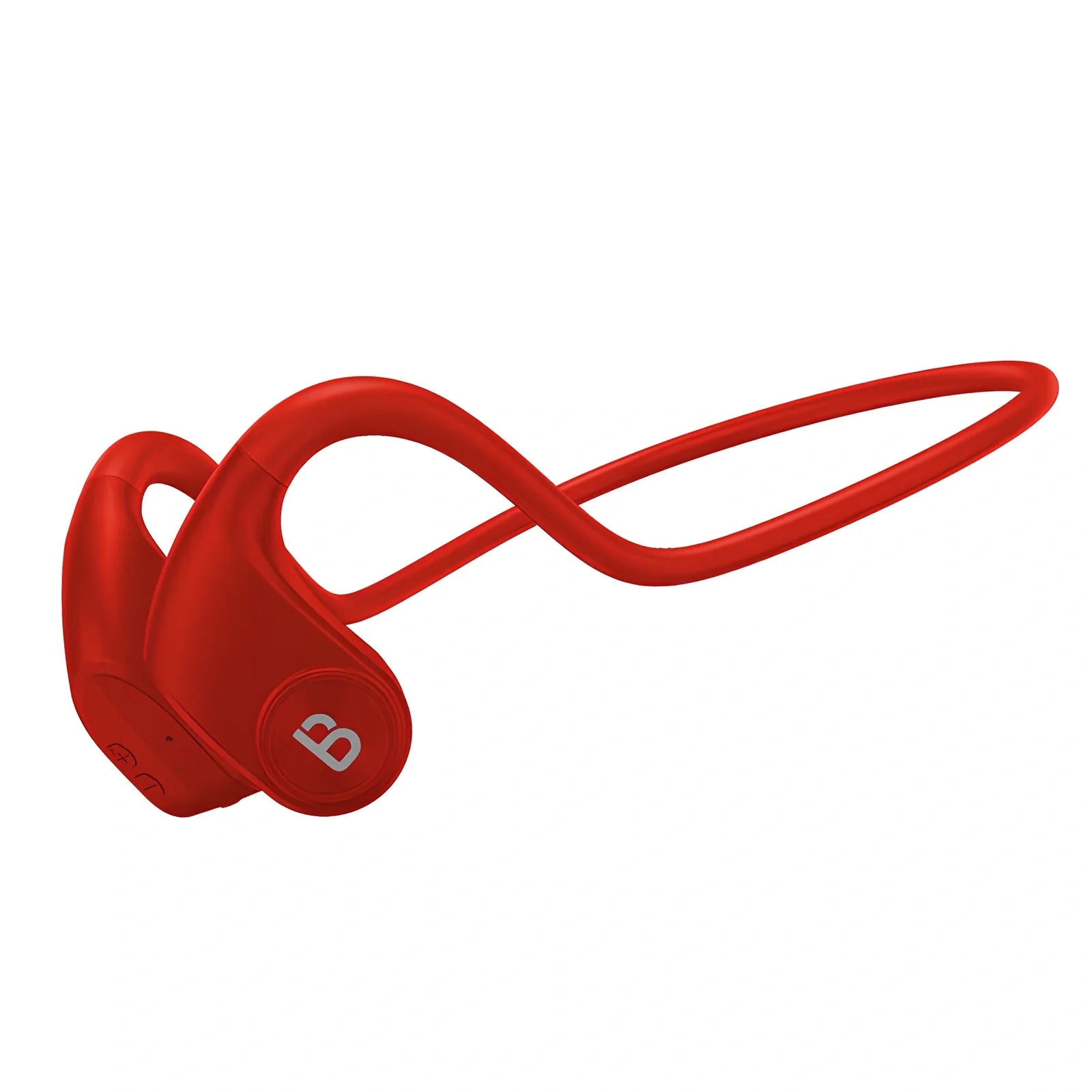 Black bone conduction wireless headphones mounted on head, showing transducers and controls for sports use, 30.8g lightweight design