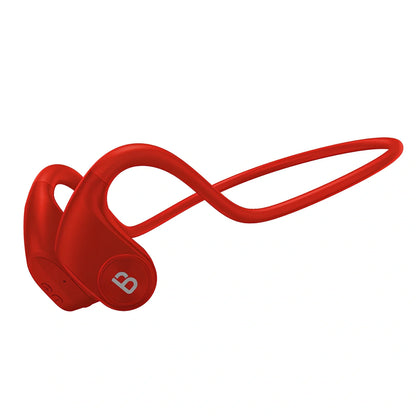 Black bone conduction wireless headphones mounted on head, showing transducers and controls for sports use, 30.8g lightweight design