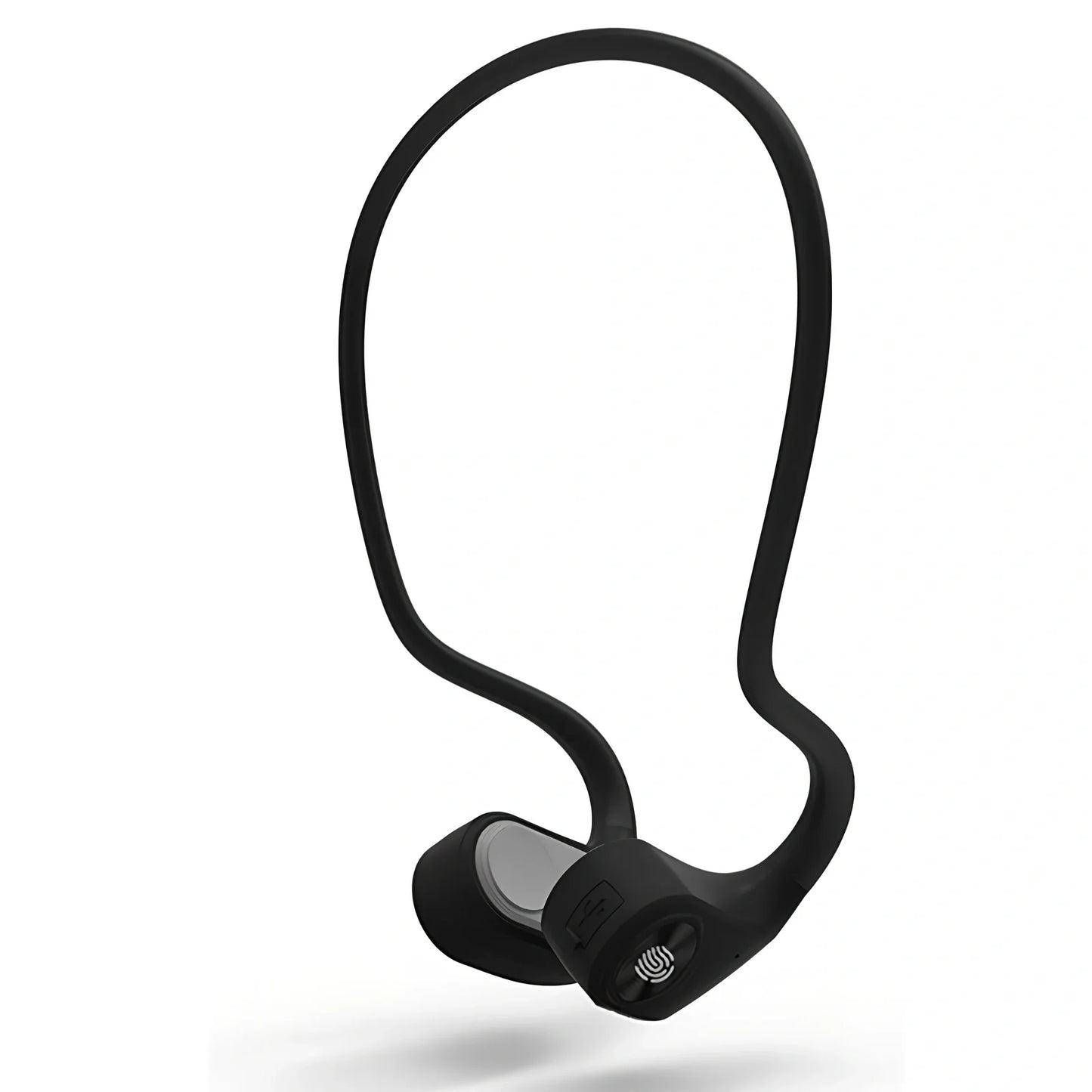 Black bone conduction wireless headphones mounted on head, showing transducers and controls for sports use, 30.8g lightweight design