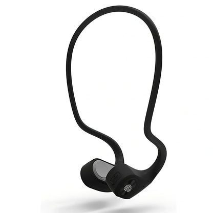Black bone conduction wireless headphones mounted on head, showing transducers and controls for sports use, 30.8g lightweight design