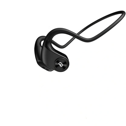 Black bone conduction wireless headphones mounted on head, showing transducers and controls for sports use, 30.8g lightweight design