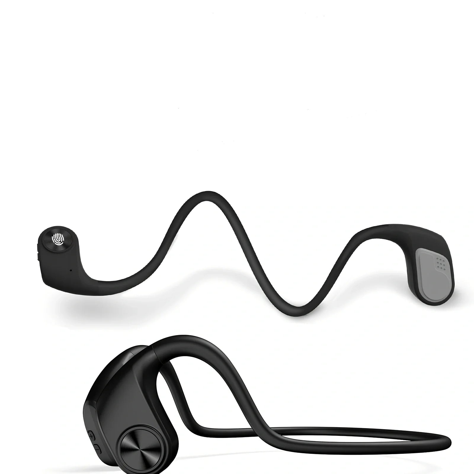 Black bone conduction wireless headphones mounted on head, showing transducers and controls for sports use, 30.8g lightweight design