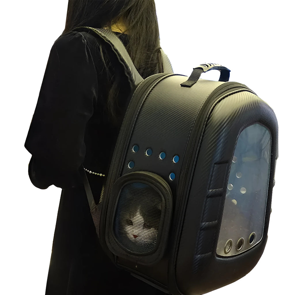 Pet capsule backpack for cats and dogs under 12 kg, 35x24x40 cm, in black with transparent dome and straw mat base