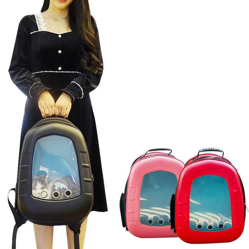 Pet capsule backpack for cats and dogs under 12 kg, 35x24x40 cm, in black with transparent dome and straw mat base