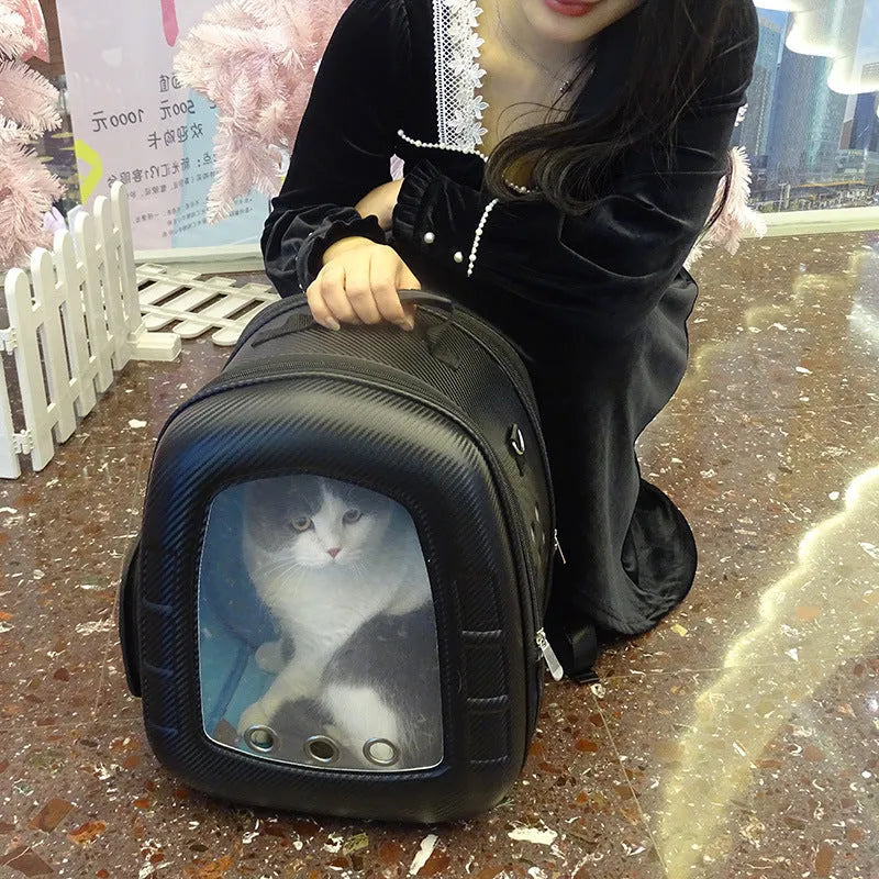 Pet capsule backpack for cats and dogs under 12 kg, 35x24x40 cm, in black with transparent dome and straw mat base