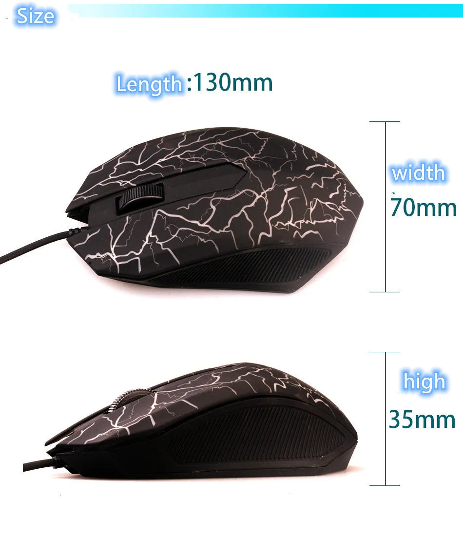 Black wired optical mouse with USB cable, six buttons, and four-way scroll wheel on a desk