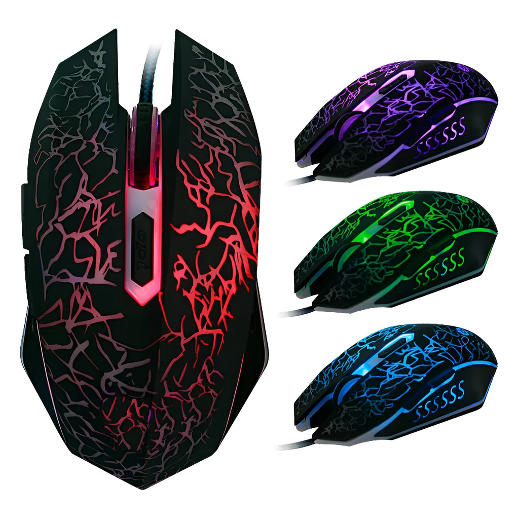 Black wired optical mouse with USB cable, six buttons, and four-way scroll wheel on a desk