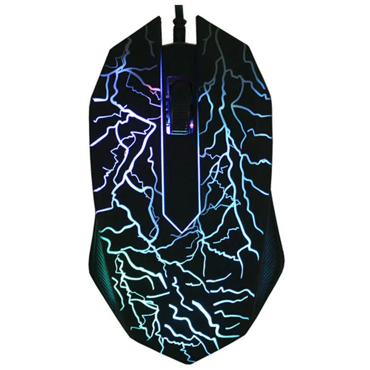 Black wired optical mouse with USB cable, six buttons, and four-way scroll wheel on a desk