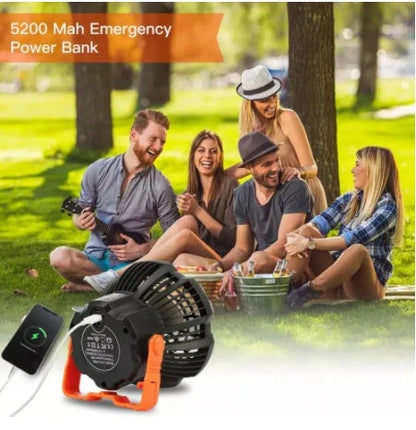 Multifunction LED Lighting Lamp with Fan in orange and black, featuring remote control and USB charging
