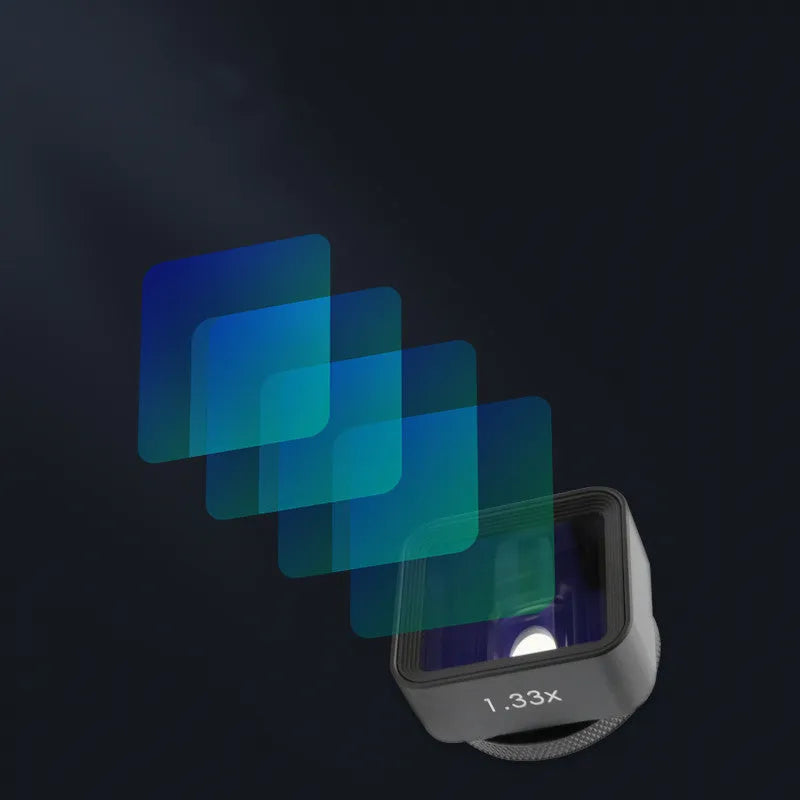 Black SANYK 1.33x anamorphic widecreen lens for mobile phones with 17mm thread.