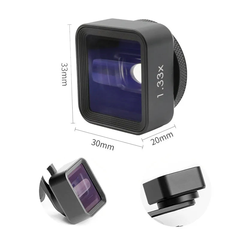 Black SANYK 1.33x anamorphic widecreen lens for mobile phones with 17mm thread.
