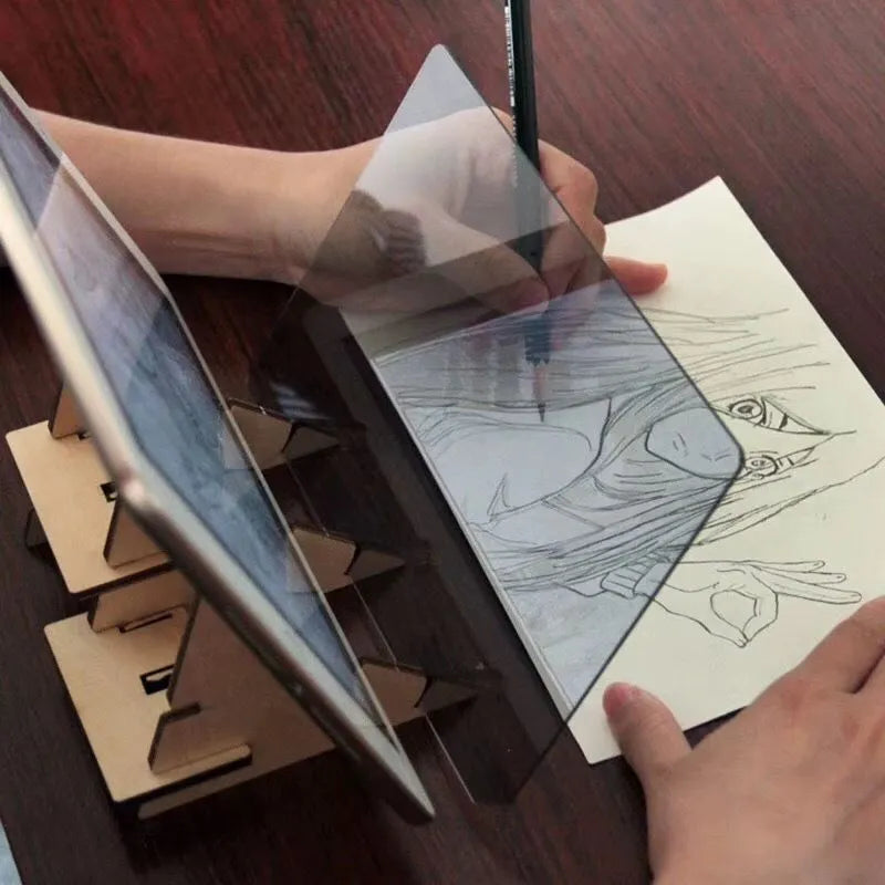 Transparent wooden vibrato painting artifact projection copying station for comic art.