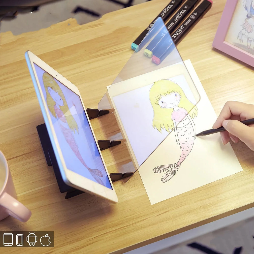 Transparent wooden vibrato painting artifact projection copying station for comic art.