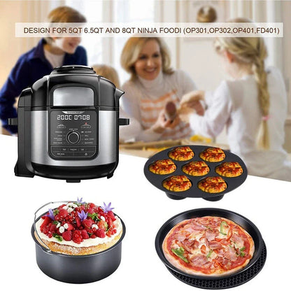 7-piece air fryer accessory set with cake pan, pizza pan, and silicone grill mat for baking, grilling, and more