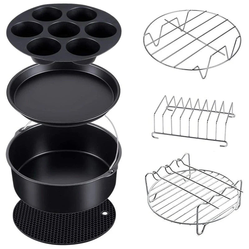 7-piece air fryer accessory set with cake pan, pizza pan, and silicone grill mat for baking, grilling, and more