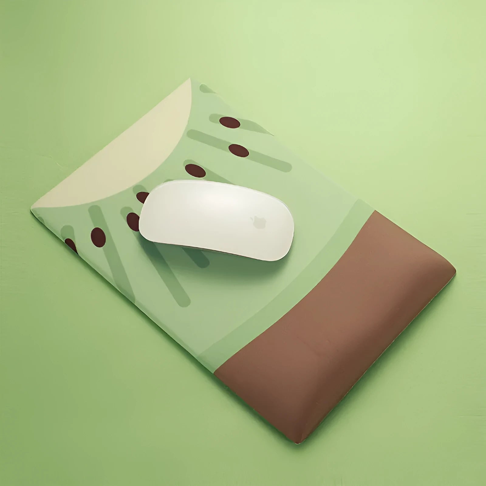 Green kiwi fruit shaped mouse pad with integrated soft wrist support cushion on a desk.