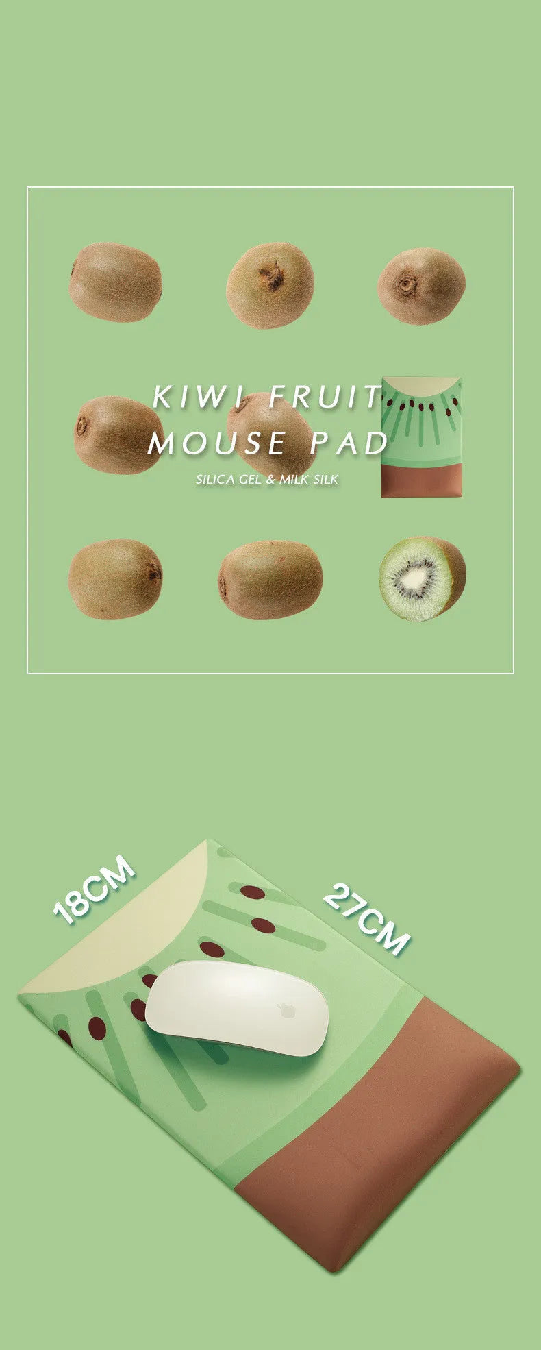 Green kiwi fruit shaped mouse pad with integrated soft wrist support cushion on a desk.