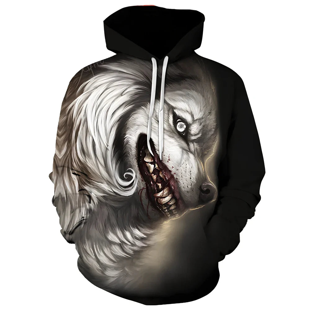 White men's hoodie with 3D digital print of blue eyes liger, 95% polyester, loose fit sizes XXS-6XL, side slit pockets