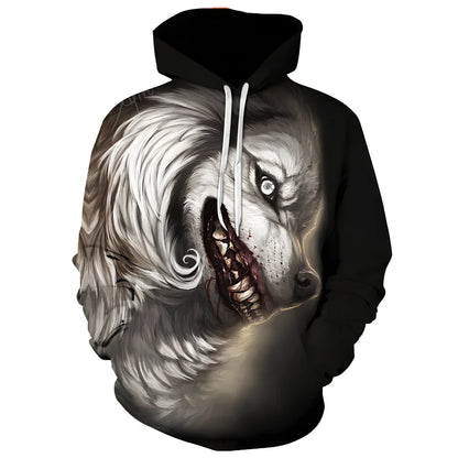 White men's hoodie with 3D digital print of blue eyes liger, 95% polyester, loose fit sizes XXS-6XL, side slit pockets