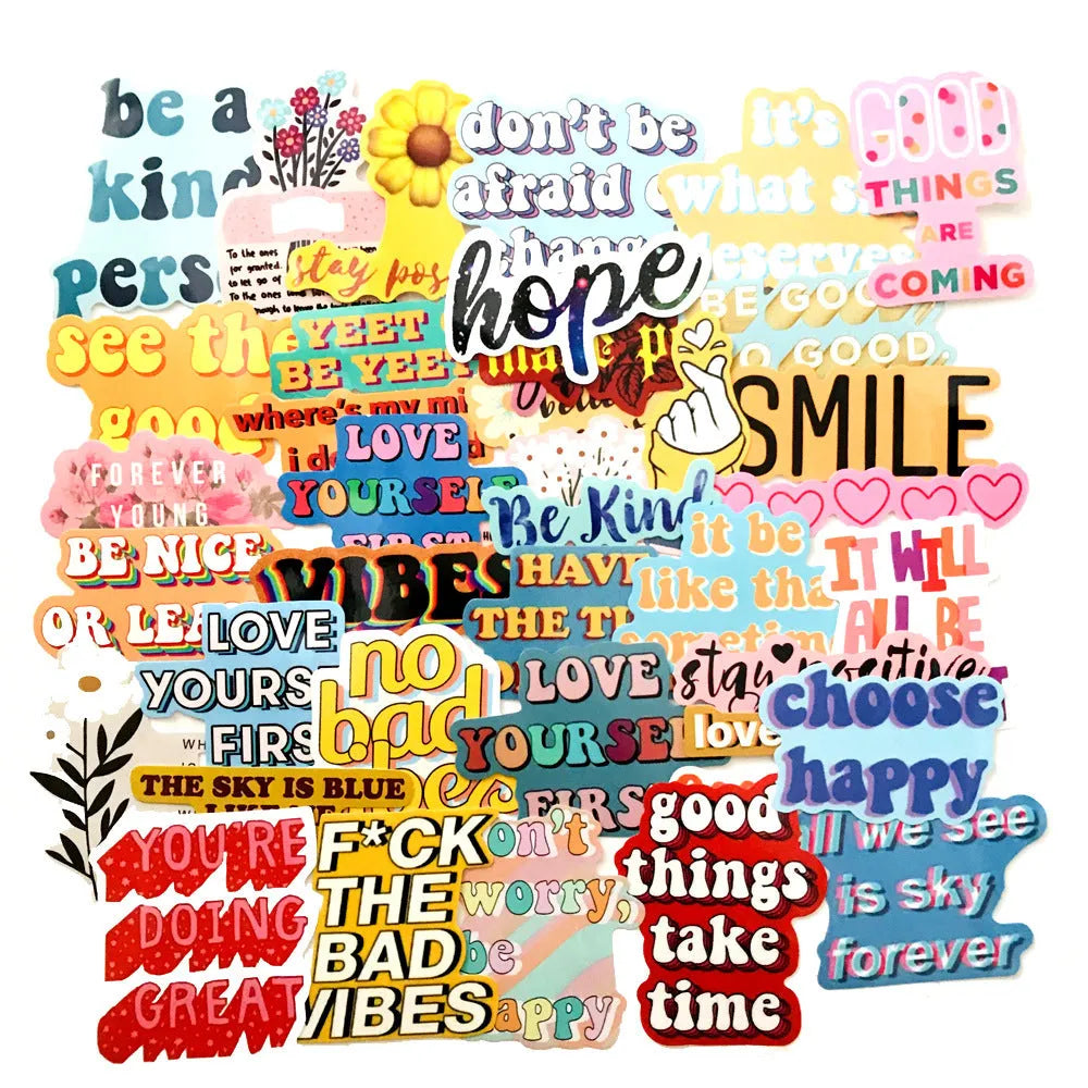 40-piece set of irregular PVC stickers with English graffiti phrases, waterproof, for laptop and luggage decoration