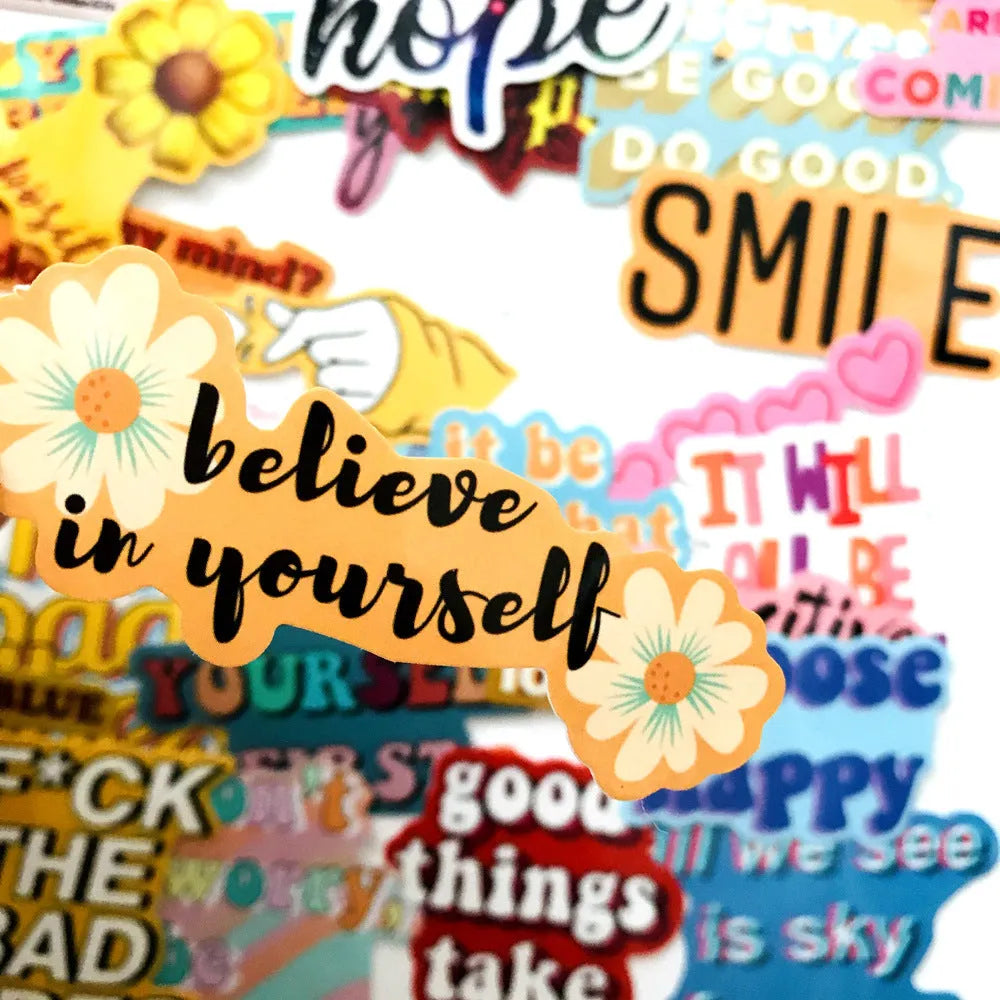 40-piece set of irregular PVC stickers with English graffiti phrases, waterproof, for laptop and luggage decoration