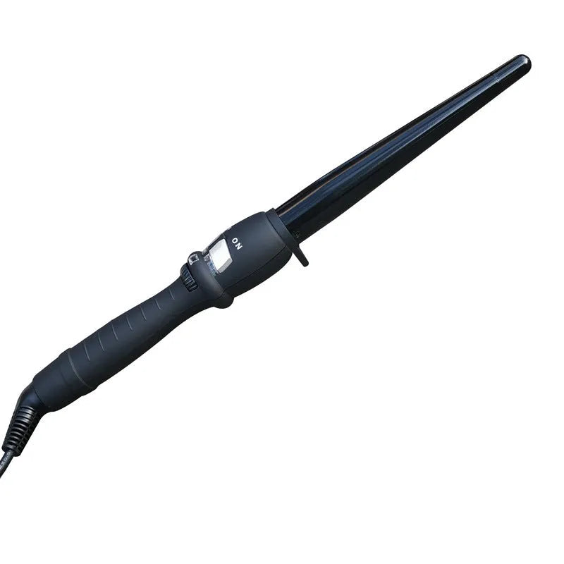 Black cone electric hair curler with ceramic glaze barrel and two temperature controls