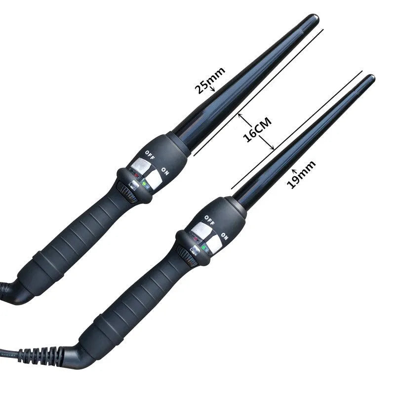 Black cone electric hair curler with ceramic glaze barrel and two temperature controls