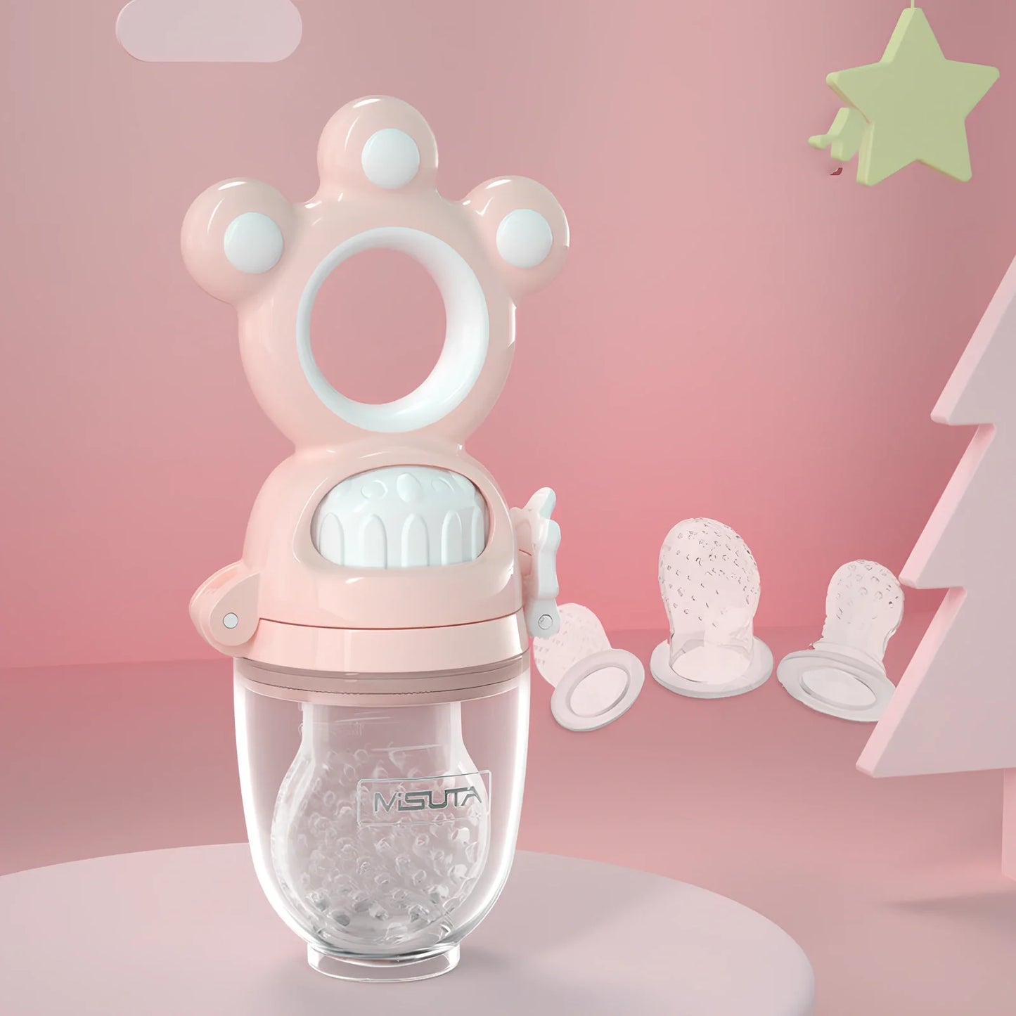 Baby fruit pacifier feeder with silicone mesh for safe feeding, BPA-free and sterilizable