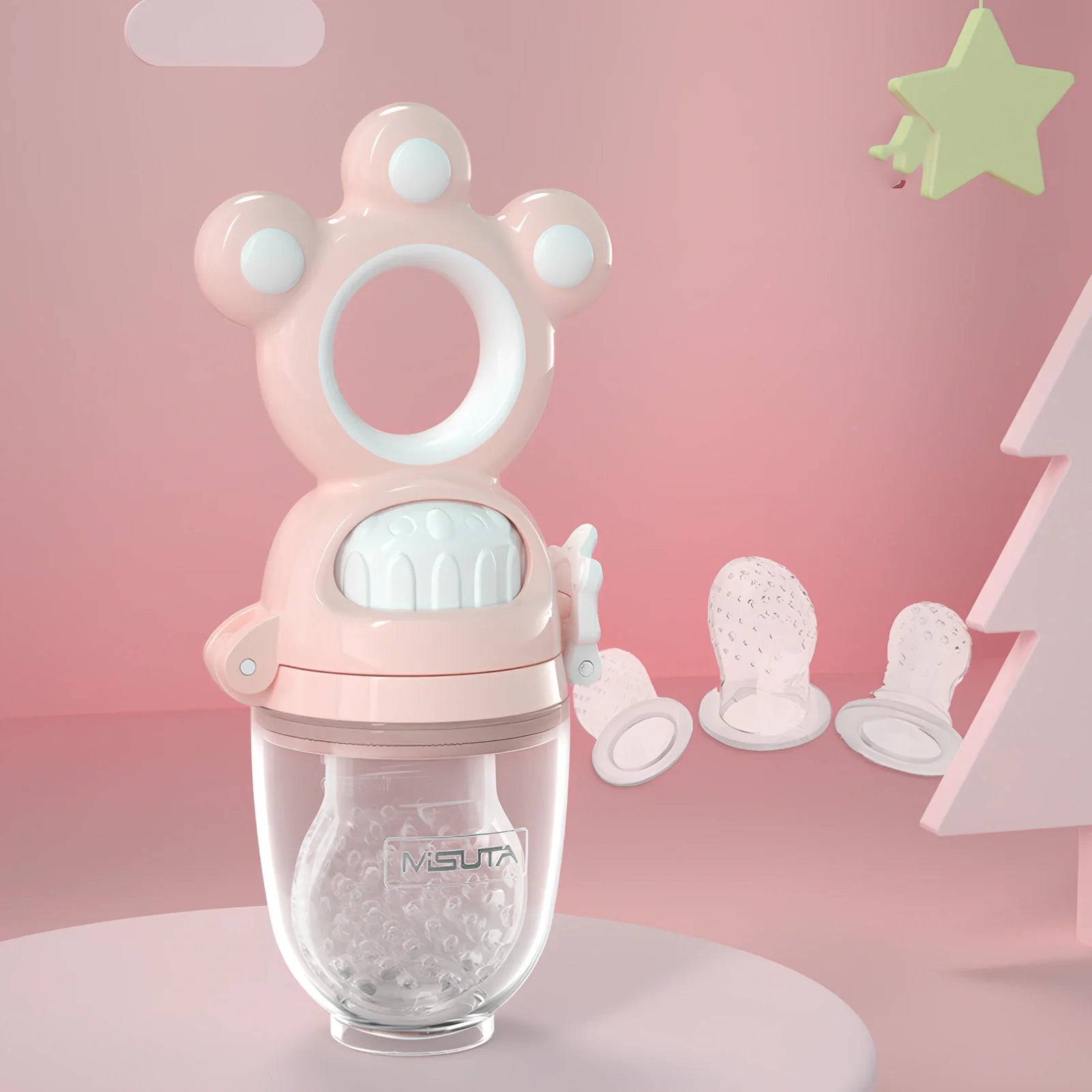 Baby fruit pacifier feeder with silicone mesh for safe feeding, BPA-free and sterilizable