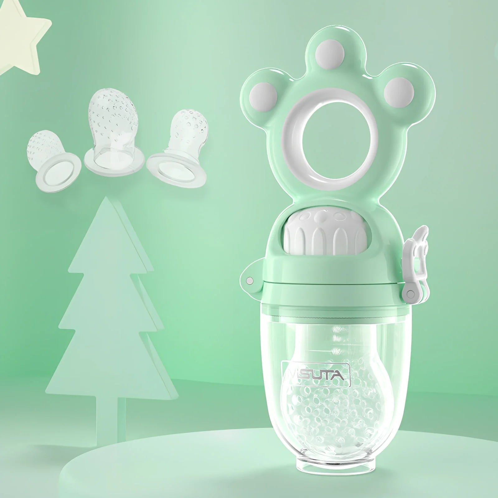 Baby fruit pacifier feeder with silicone mesh for safe feeding, BPA-free and sterilizable