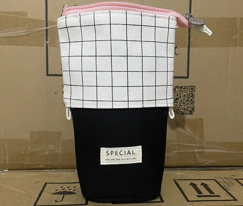 Round Korean-style canvas pencil bag with cartoon pattern measuring 19x7.5x12.5cm