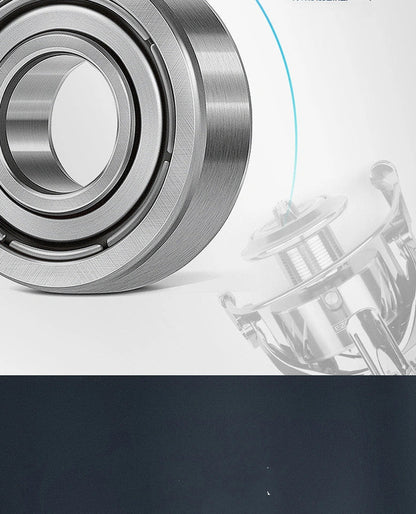 All-metal spinning fishing reel with stainless steel bearings for saltwater use, showing interchangeable handle