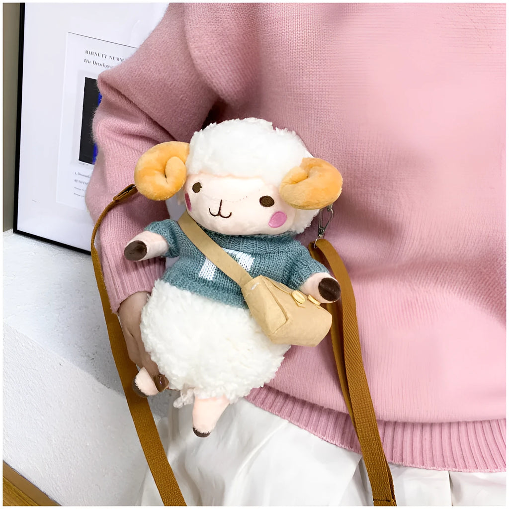 Little Sheep plush crossbody bag in small square messenger shape with zip closure