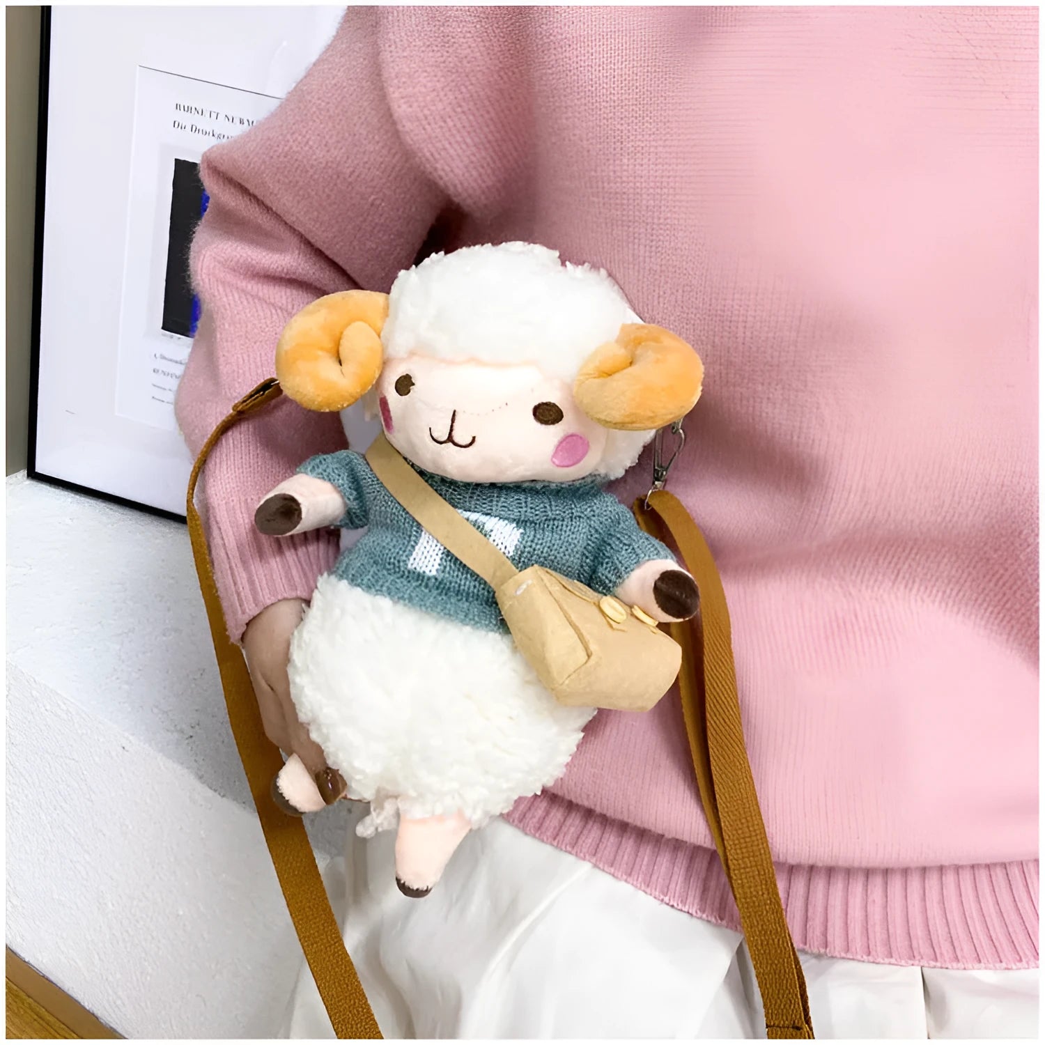 Little Sheep plush crossbody bag in small square messenger shape with zip closure