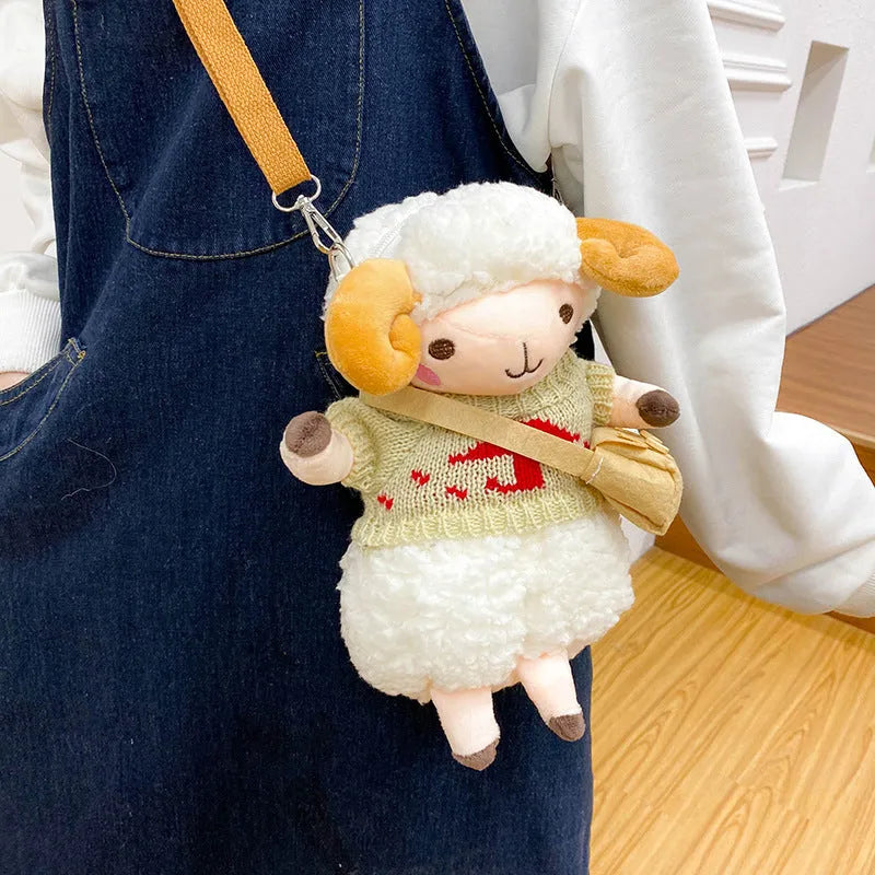 Little Sheep plush crossbody bag in small square messenger shape with zip closure