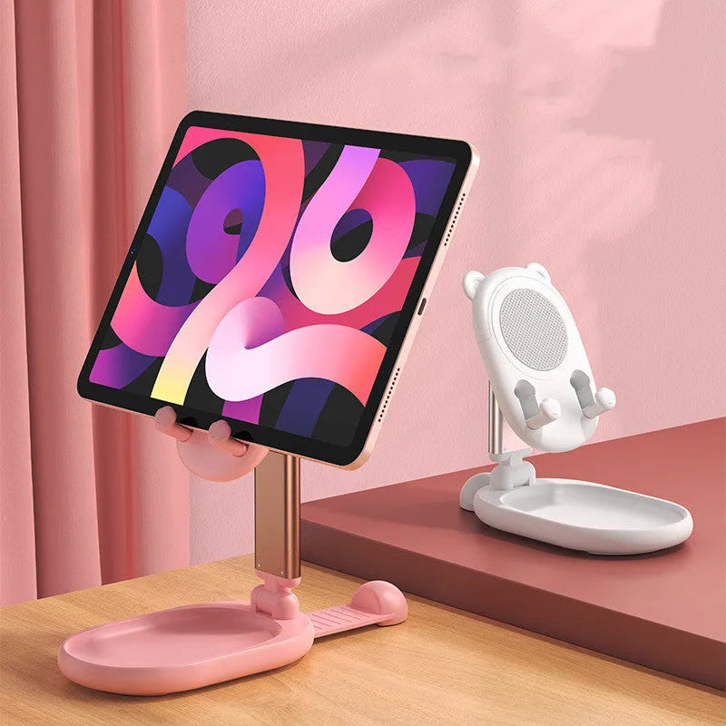 Adjustable blue desk stand holding an iPhone, showing its built-in mirror and foldable design.