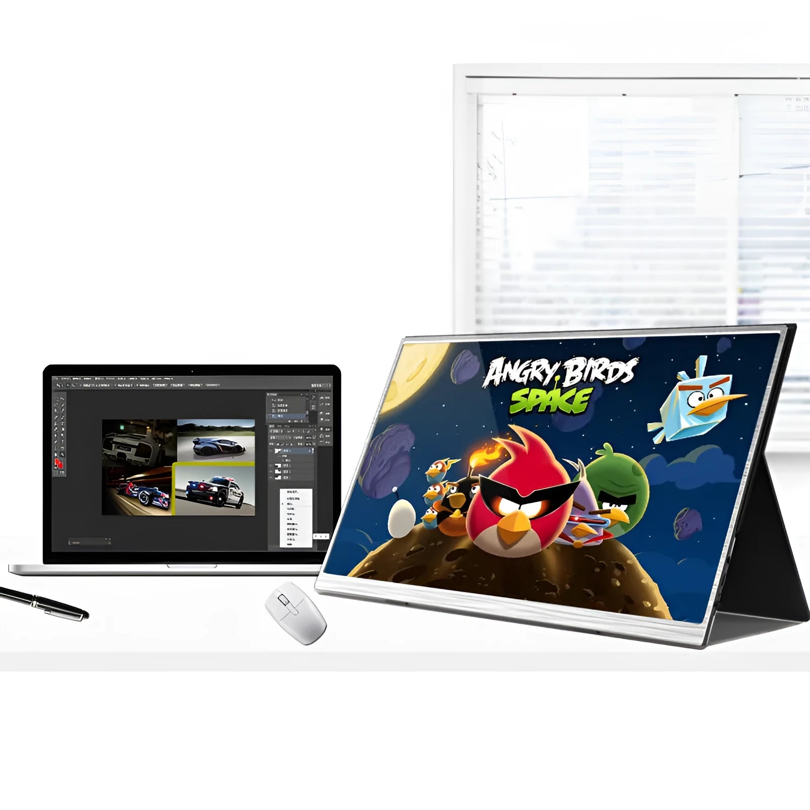 15-inch portable monitor with slim design on a desk next to a laptop
