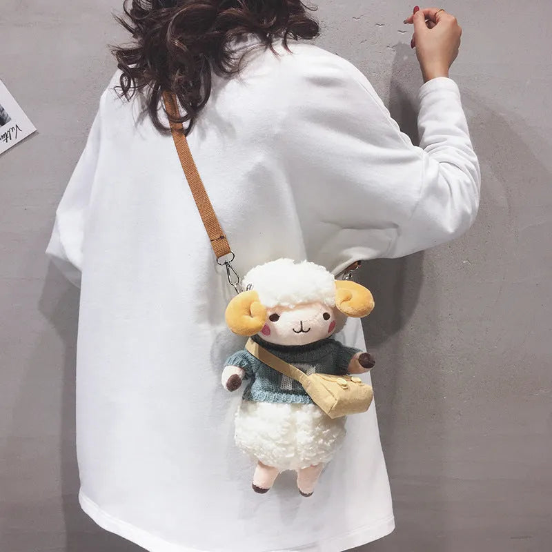 Little Sheep plush crossbody bag in small square messenger shape with zip closure