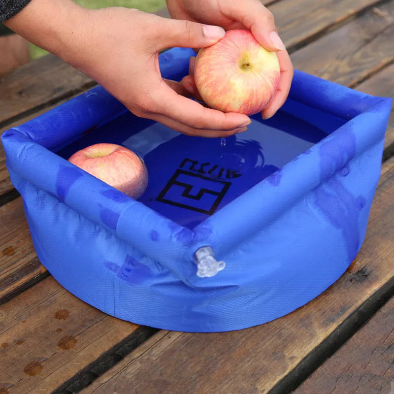 Camping concave-convex folding washbasin bucket 30cm plastic ultra-light blue green open and folded views