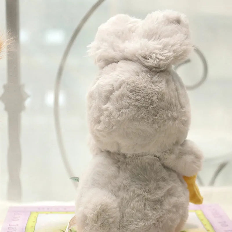 Grey fluffy bunny plush toy with long fur, star and carrot design, 23cm, soft stuffed rabbit