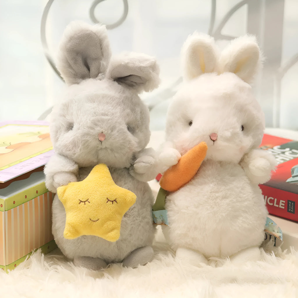 Grey fluffy bunny plush toy with long fur, star and carrot design, 23cm, soft stuffed rabbit