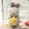 Grey fluffy bunny plush toy with long fur, star and carrot design, 23cm, soft stuffed rabbit