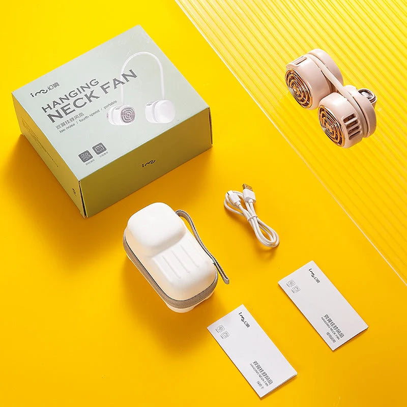 Portable hanging neck fan in pink, green, and white with 360° rotation and dual air outlets