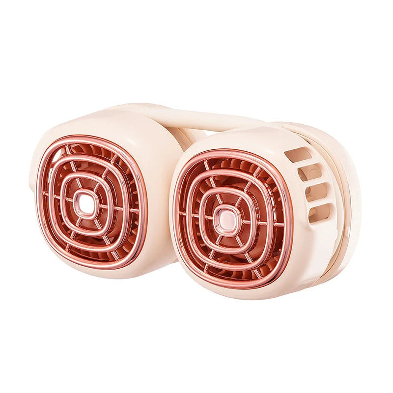 Portable hanging neck fan in pink, green, and white with 360° rotation and dual air outlets