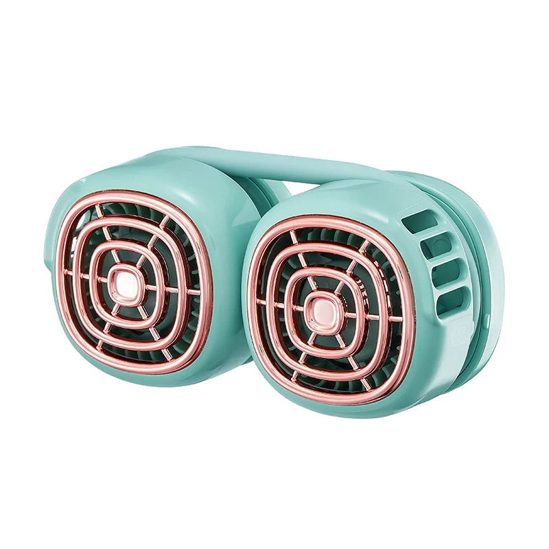 Portable hanging neck fan in pink, green, and white with 360° rotation and dual air outlets