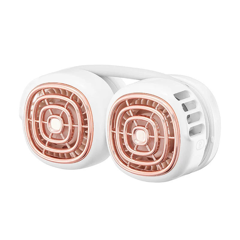 Portable hanging neck fan in pink, green, and white with 360° rotation and dual air outlets