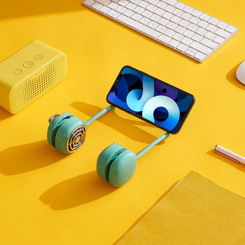 Portable hanging neck fan in pink, green, and white with 360° rotation and dual air outlets