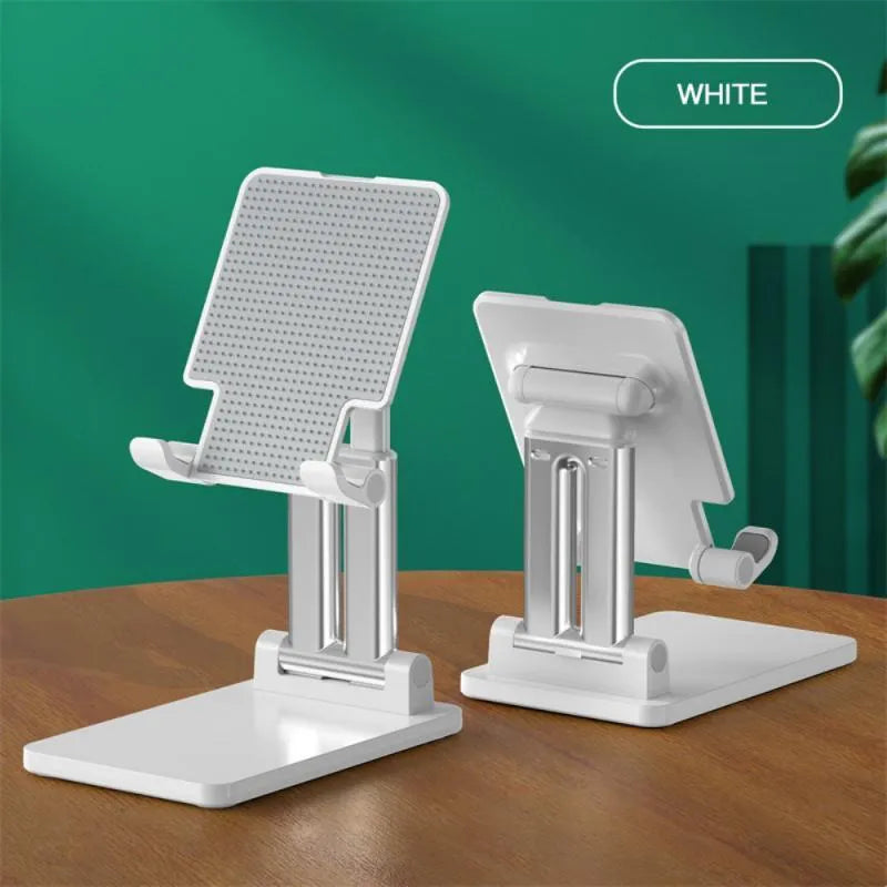 Universal black and white dual-rod adjustable phone bracket for desktop phablet use.
