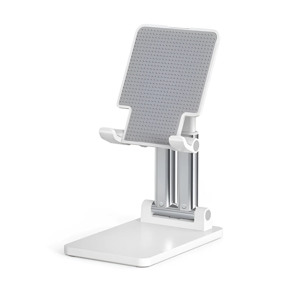 Universal black and white dual-rod adjustable phone bracket for desktop phablet use.
